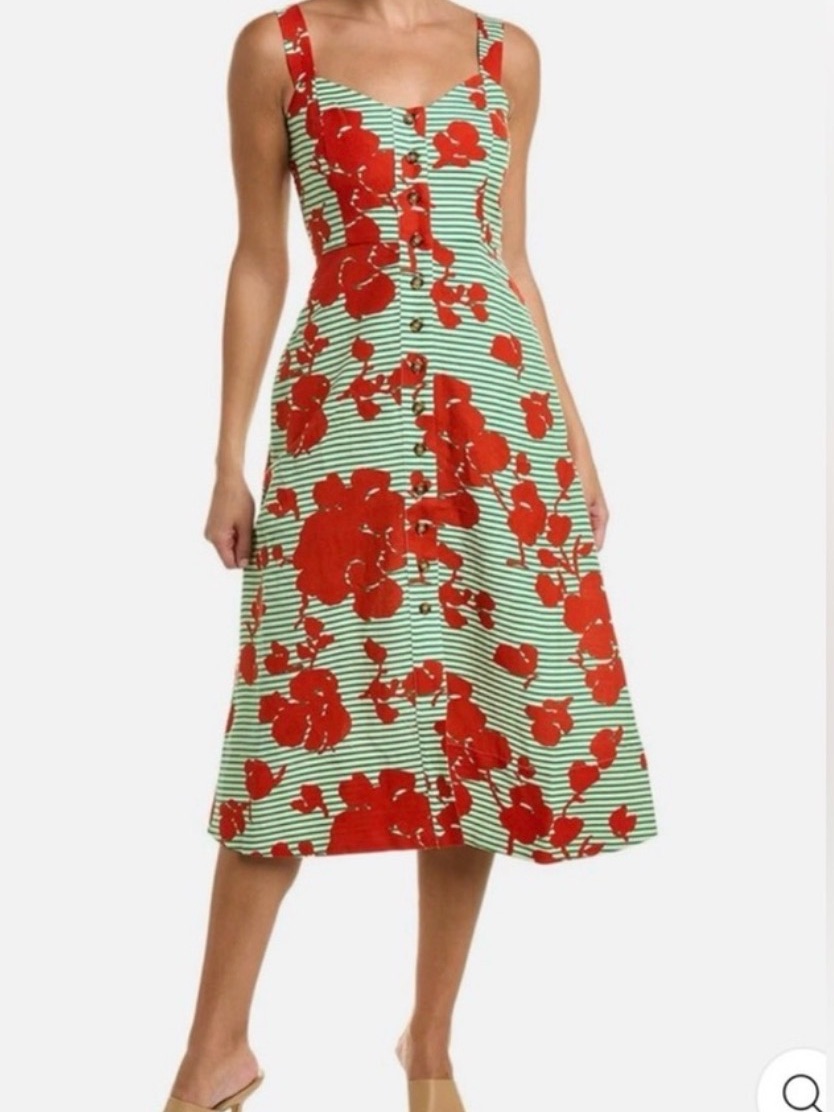 Hunter Bell Nellie Green & Red Striped Floral Midi Dress Never Worn